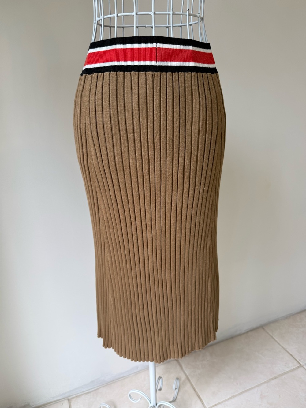 ATM Anthony Thomas Melillo Silk Cotton Ribbed Midi Skirt Brown Striped Waist